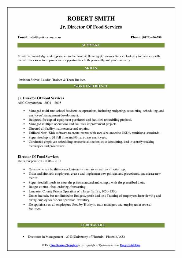 Director Of Food Services Resume Samples QwikResume