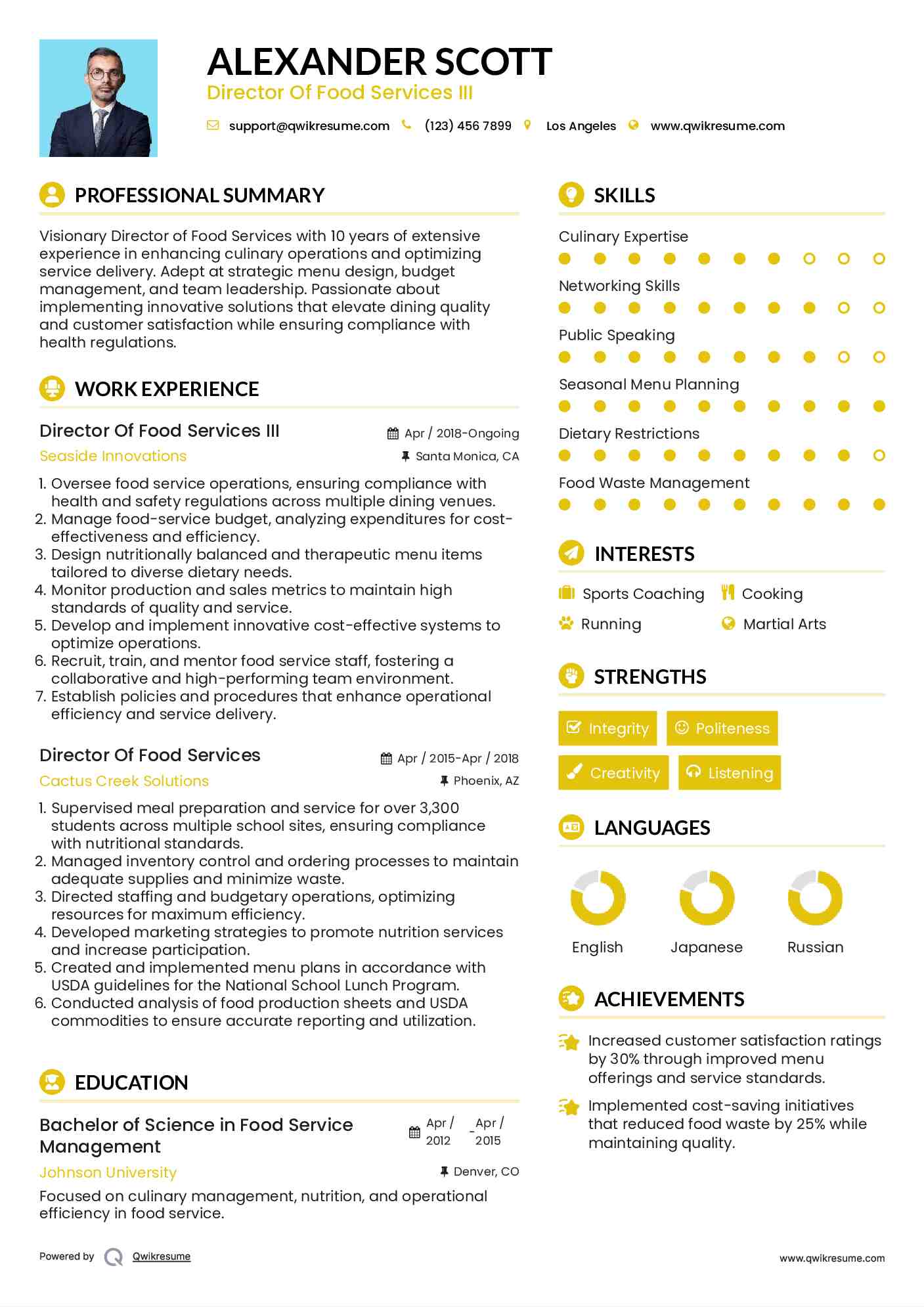 Director Of Food Services III Resume Model