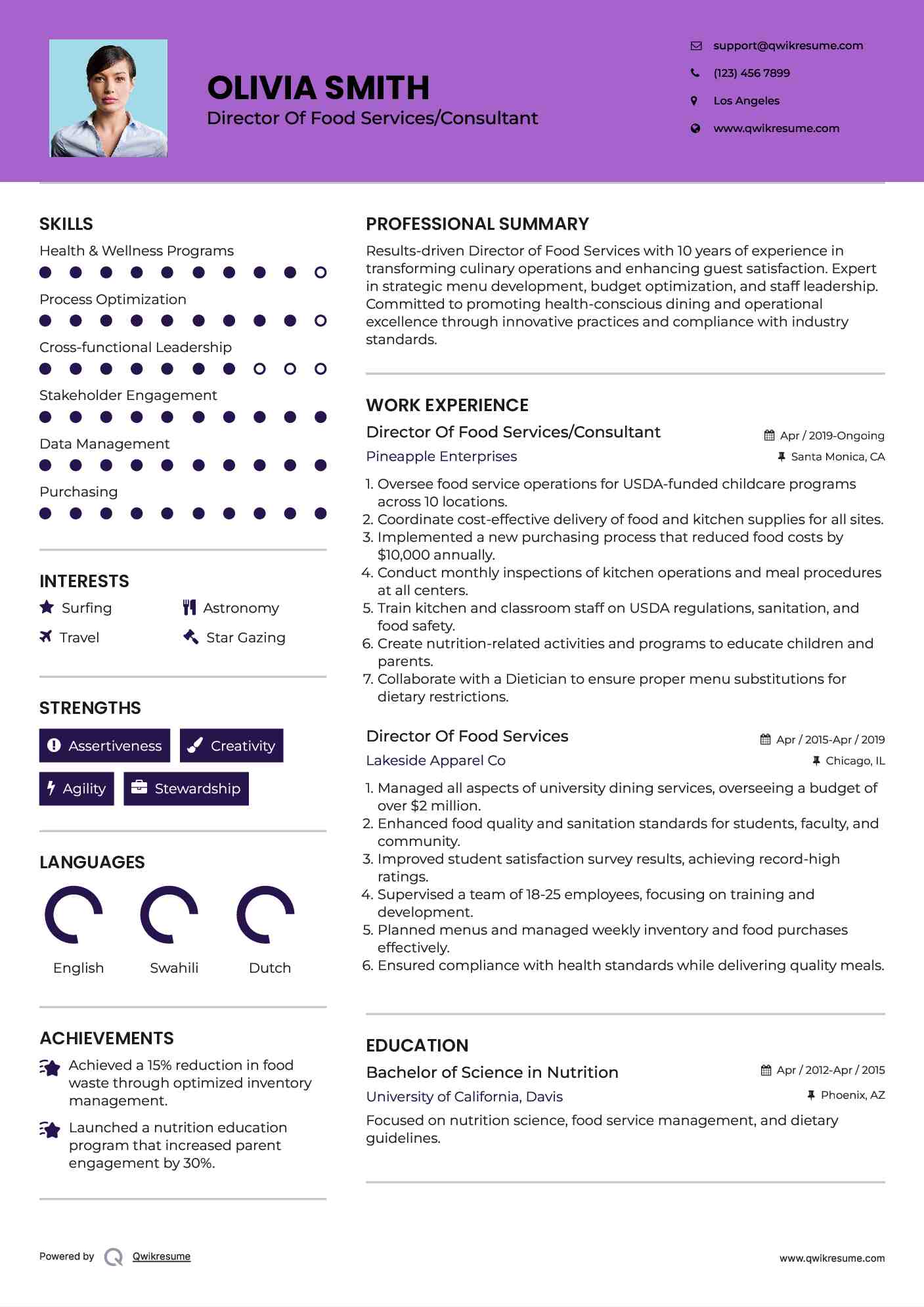 Director Of Food Services/Consultant Resume Model