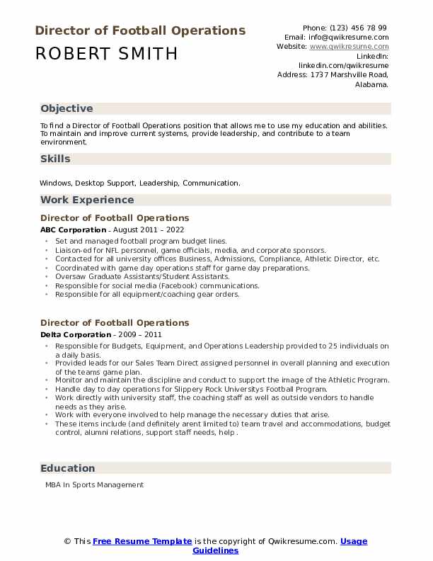 Director of Football Operations Resume Samples QwikResume