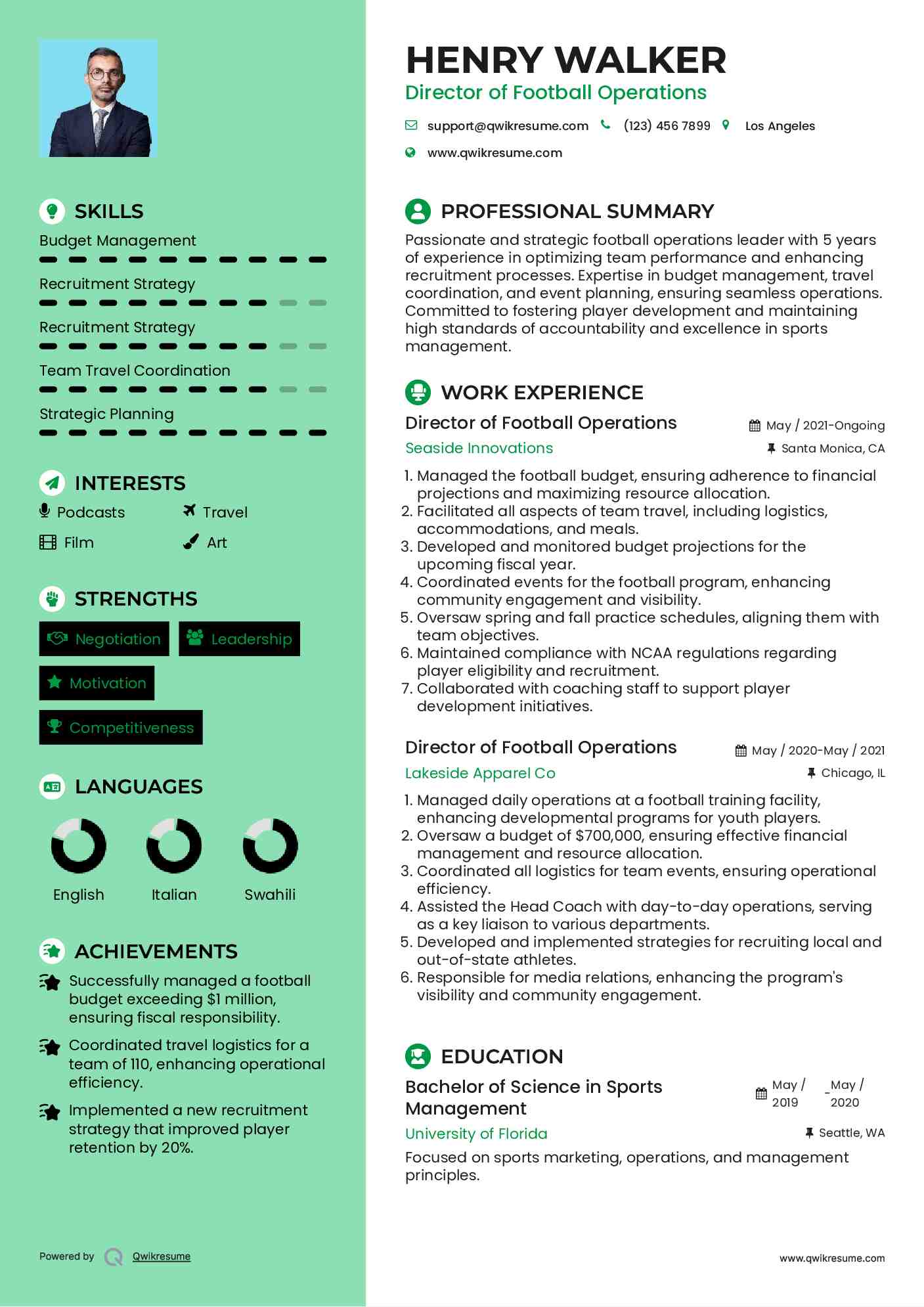 Director of Football Operations Resume Format