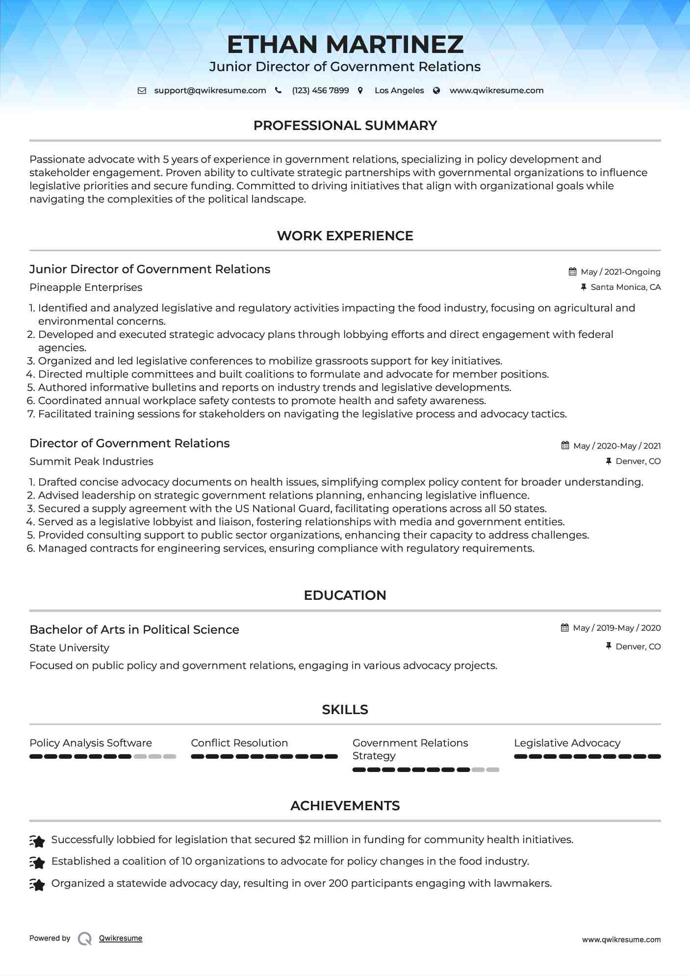 Junior Director of Government Relations Resume Example
