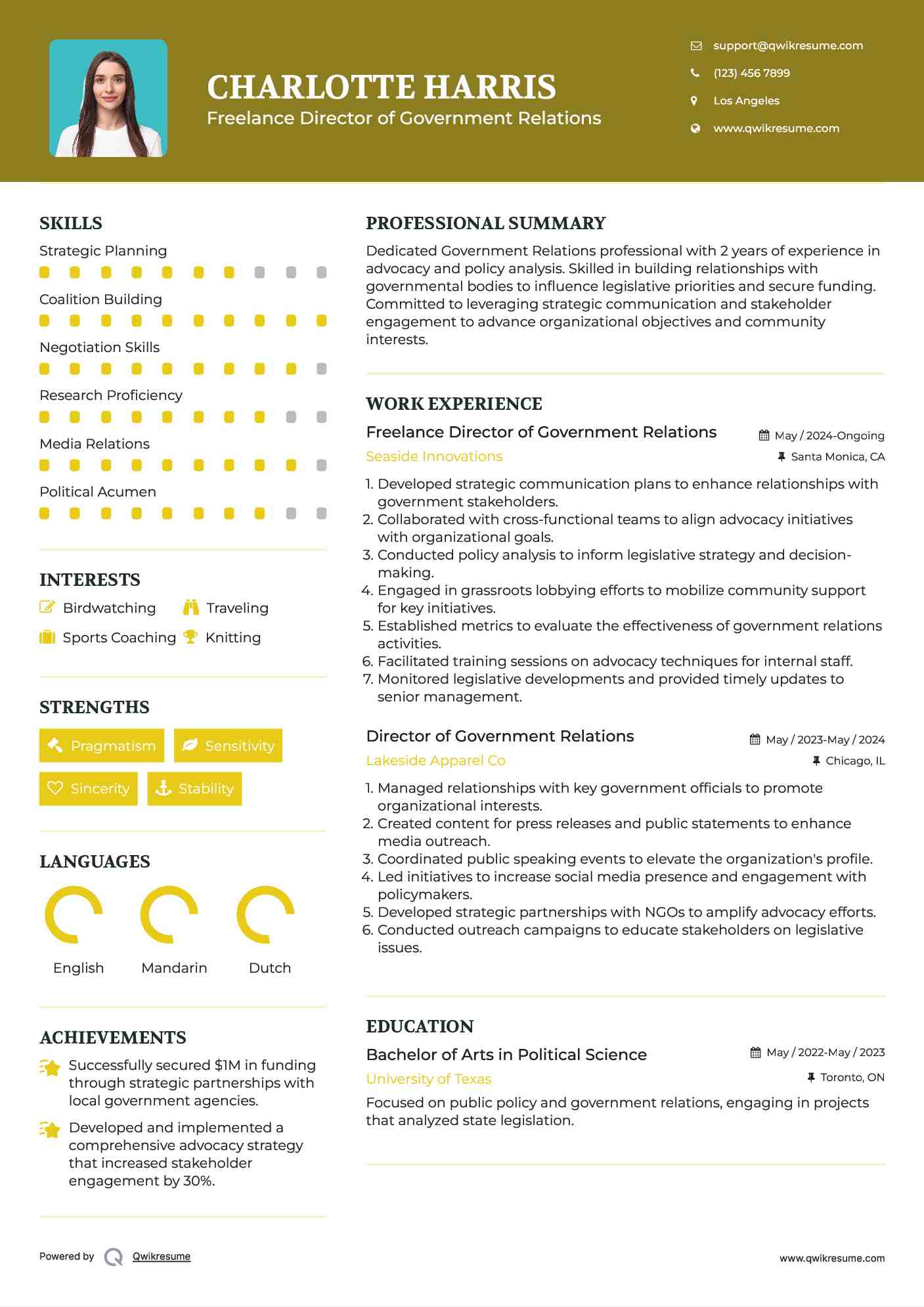 Freelance Director of Government Relations Resume Model