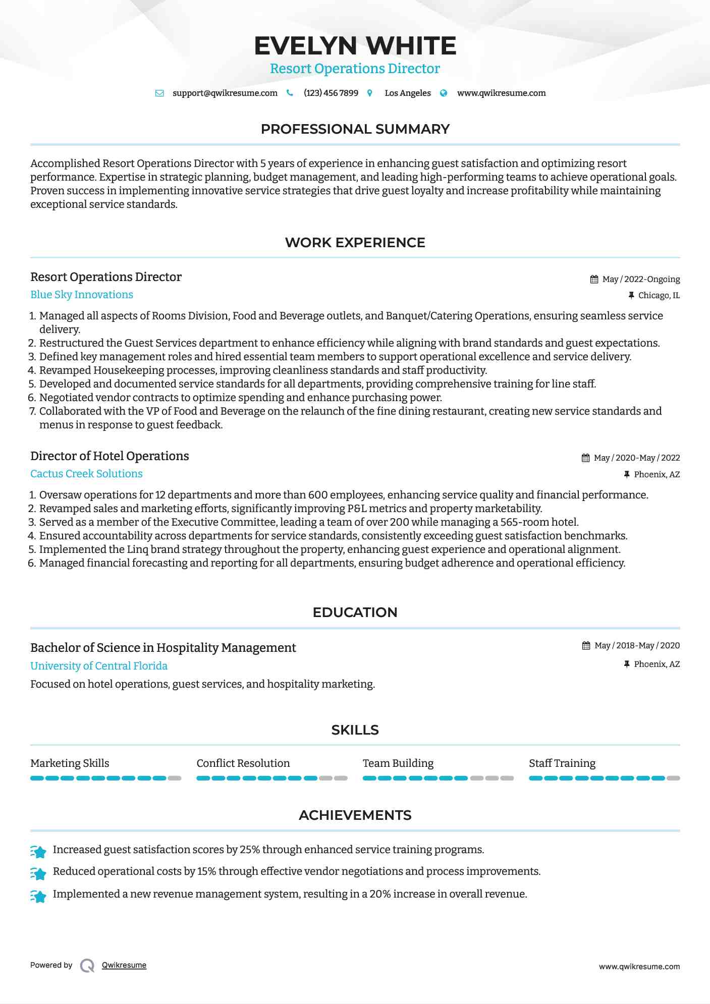 Resort Operations Director Resume Example