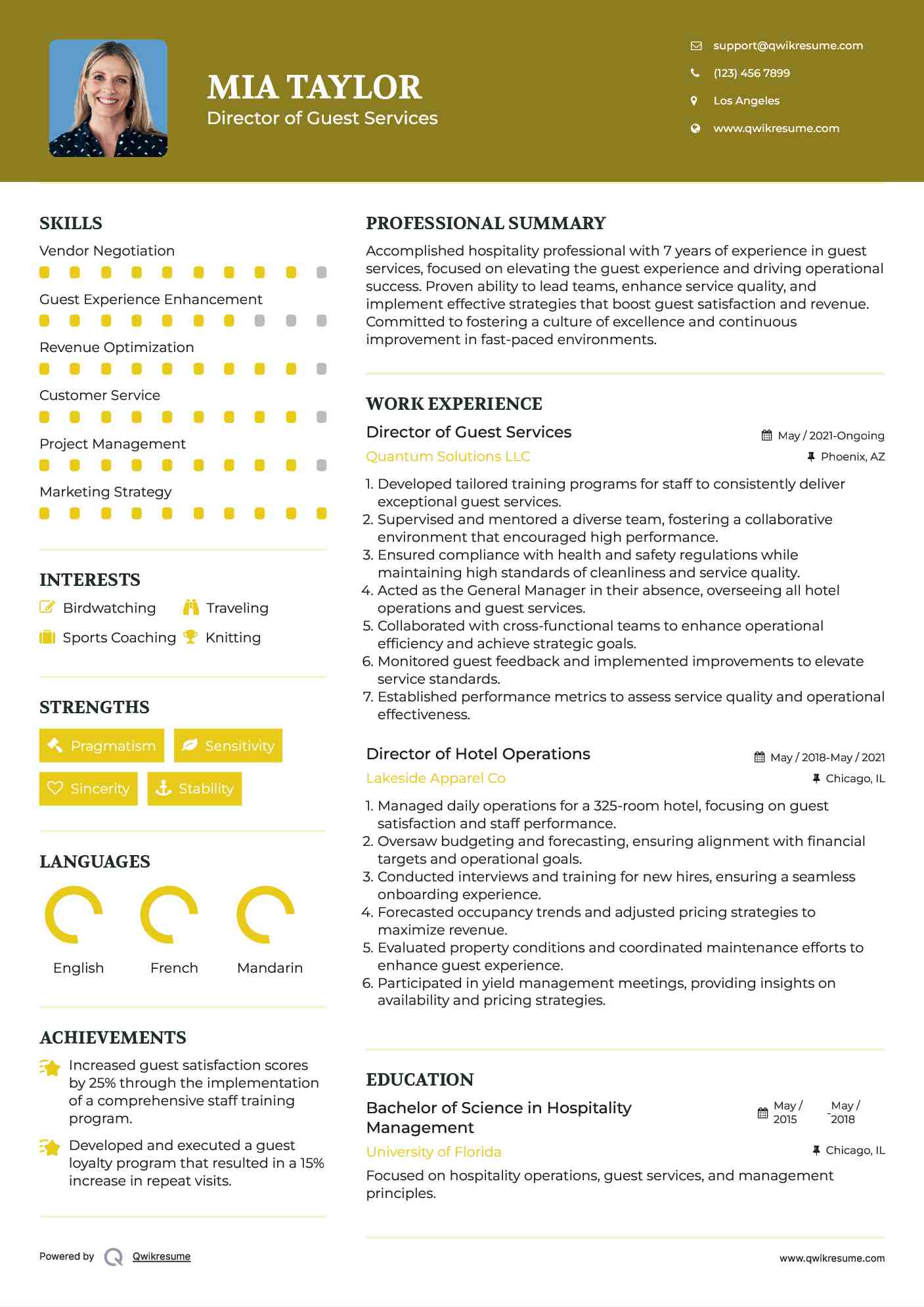 Director of Guest Services Resume Model