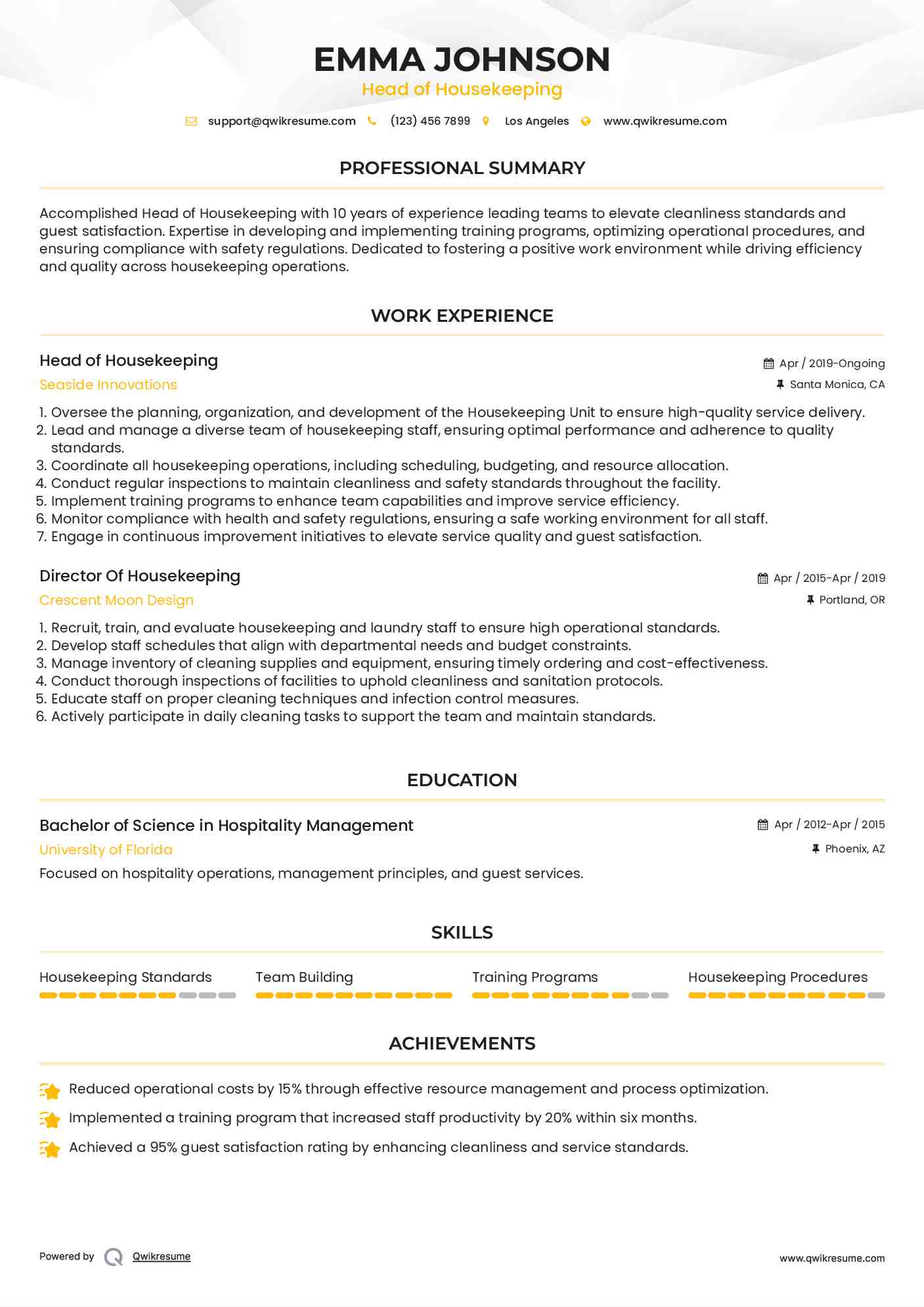 Head of Housekeeping Resume Format