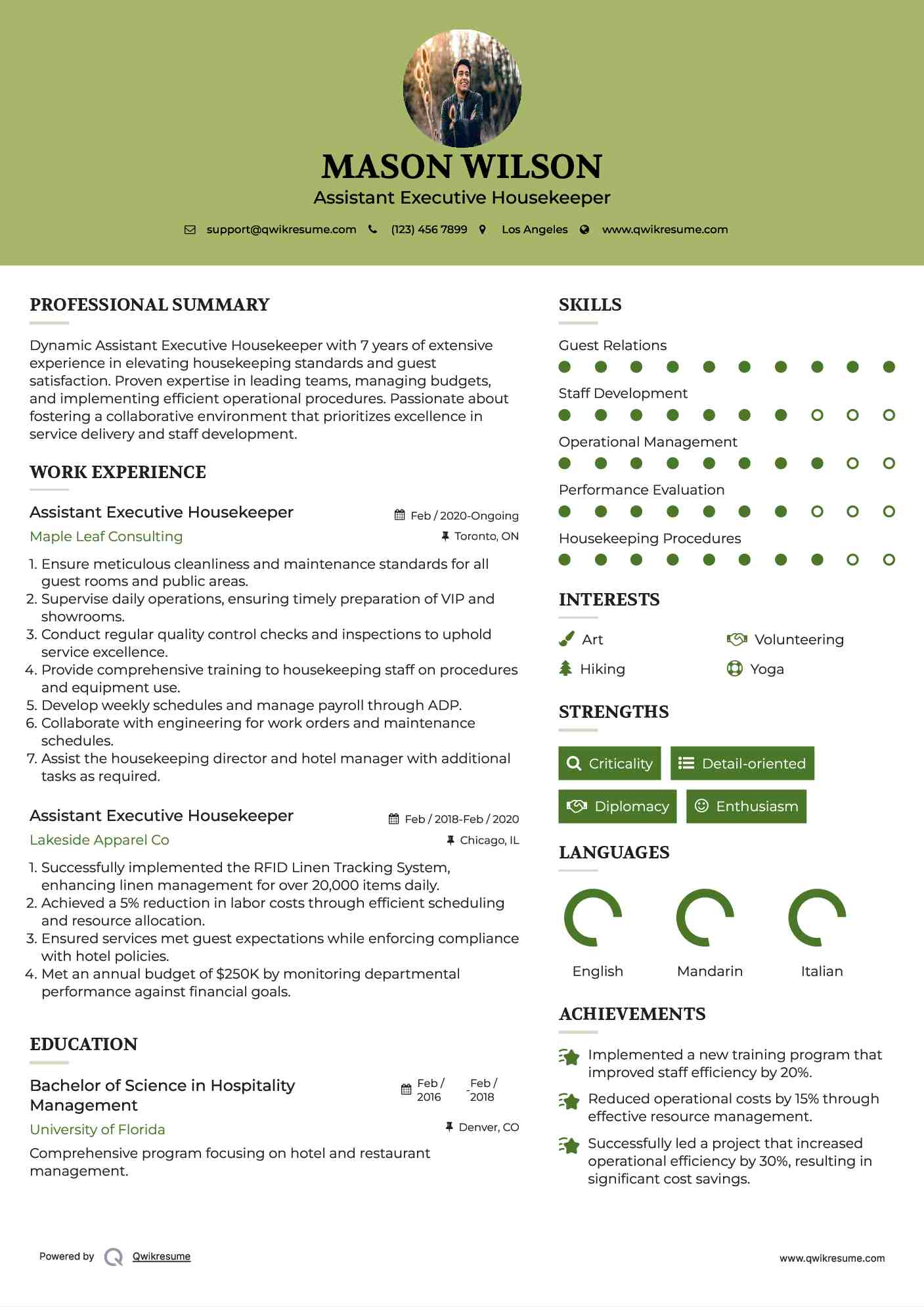 Assistant Executive Housekeeper Resume Example