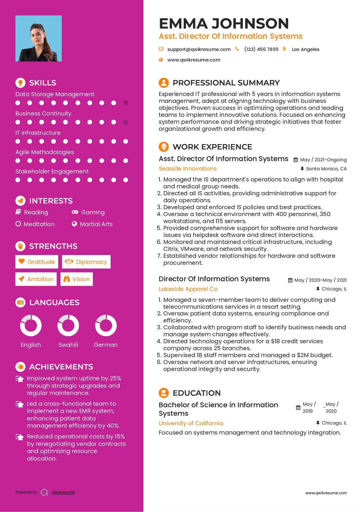 Asst. Director Of Information Systems Resume Sample