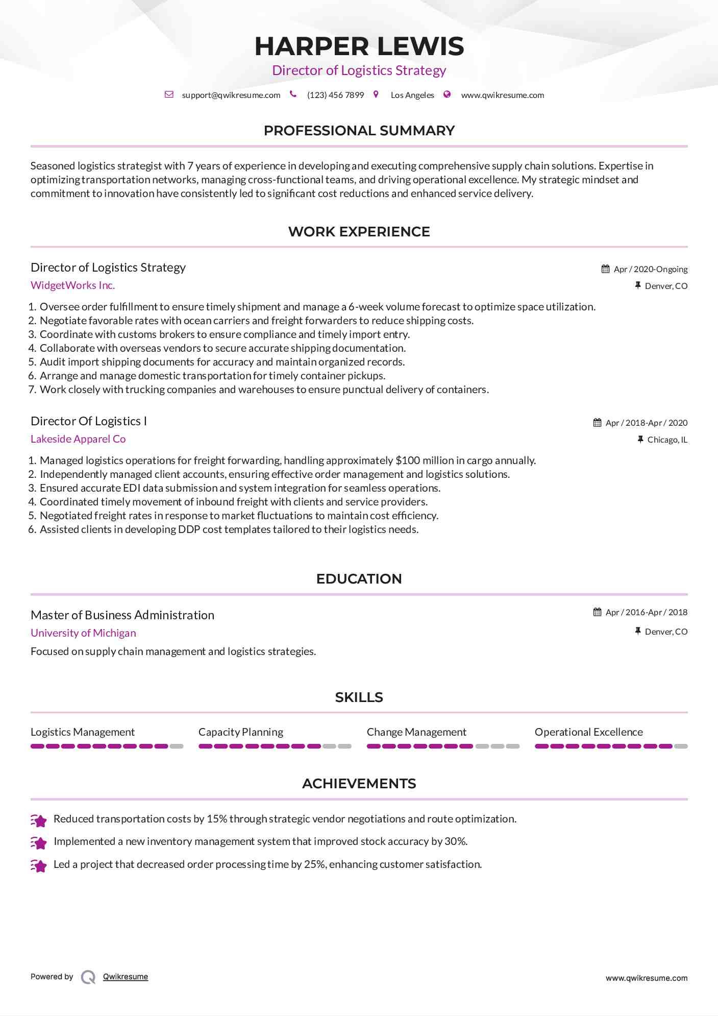 Director of Logistics Strategy Resume Template