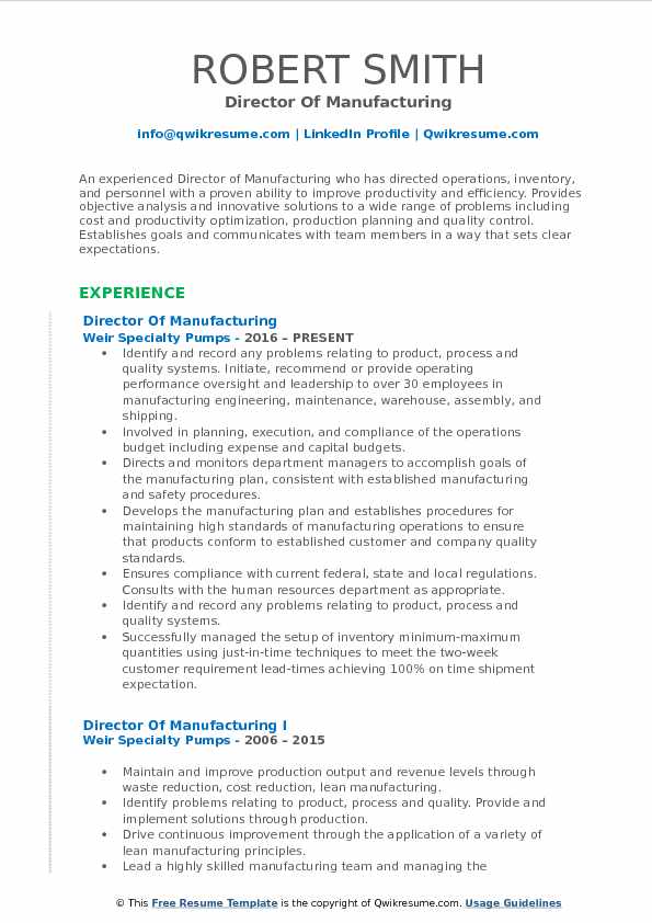 director of manufacturing resume samples qwikresume production resume example