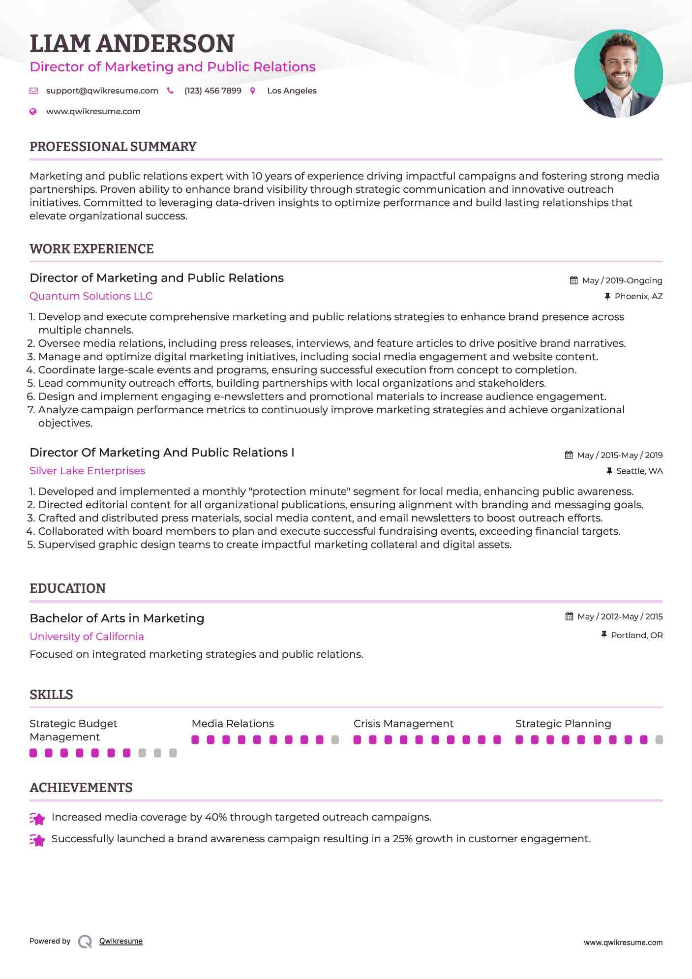 Director of Marketing and Public Relations Resume Example