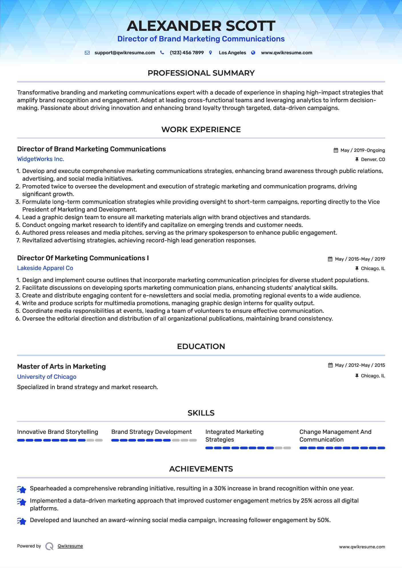 Director of Brand Marketing Communications Resume Template