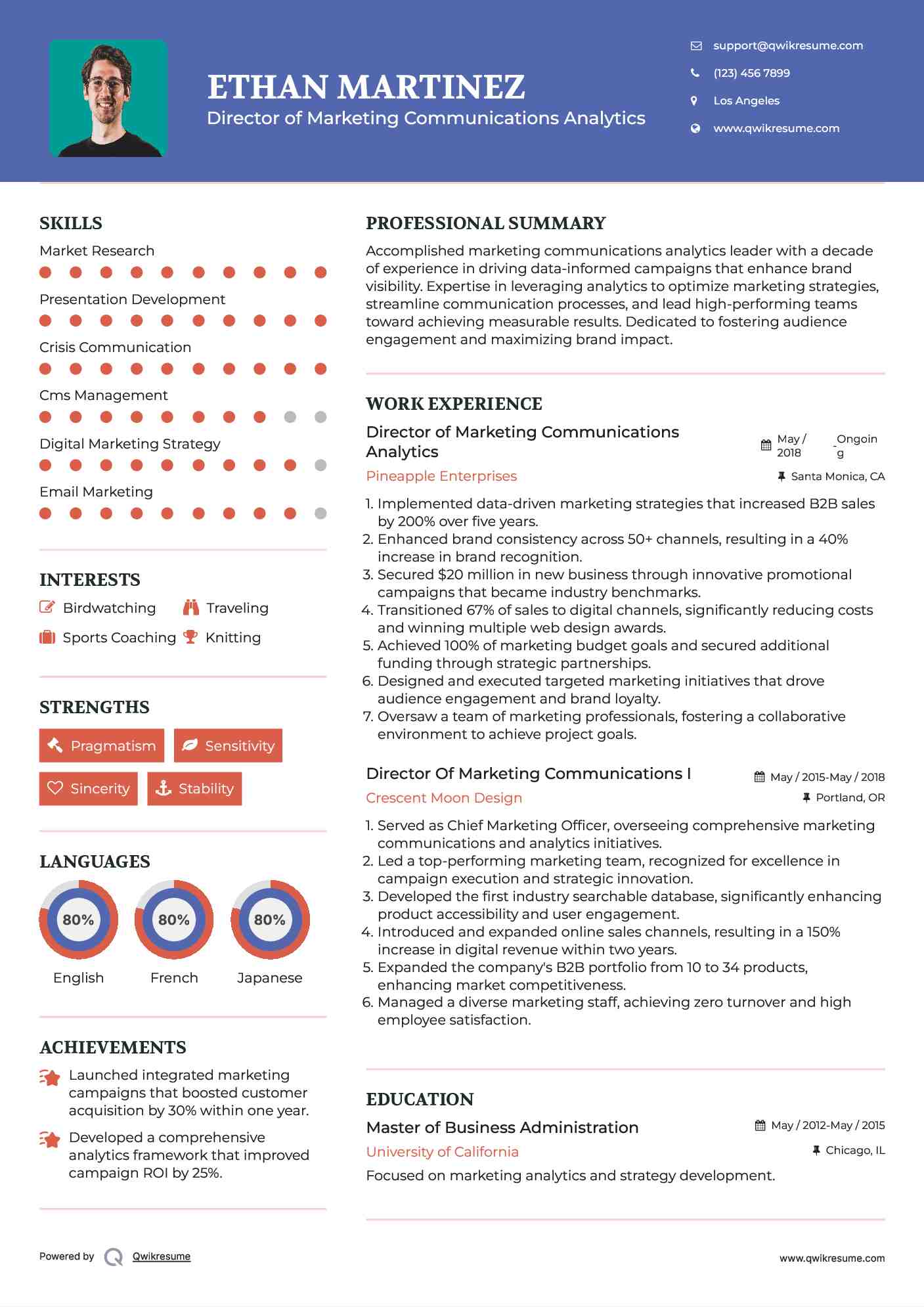 Director of Marketing Communications Analytics Resume Model