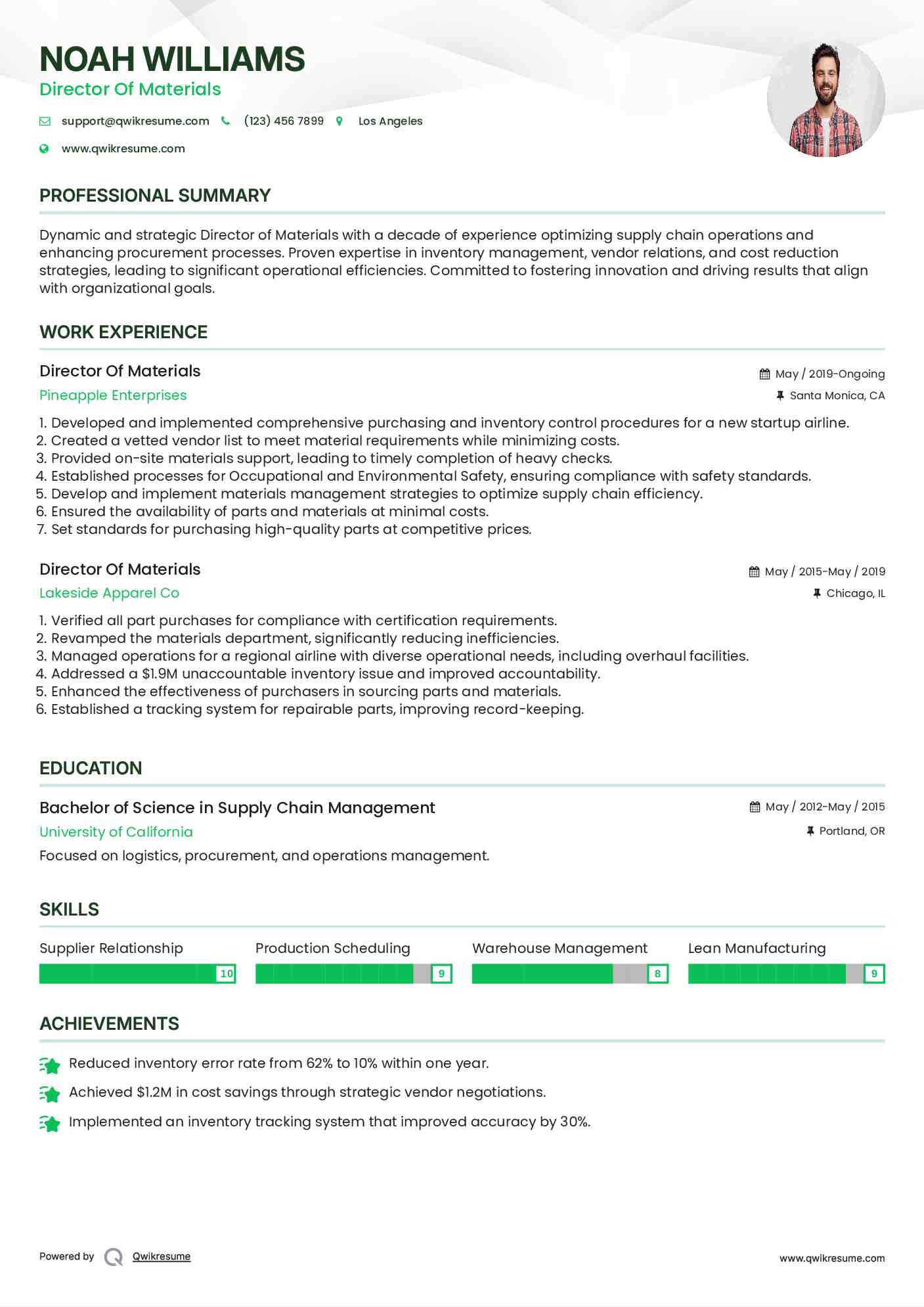 Director Of Materials Resume Sample