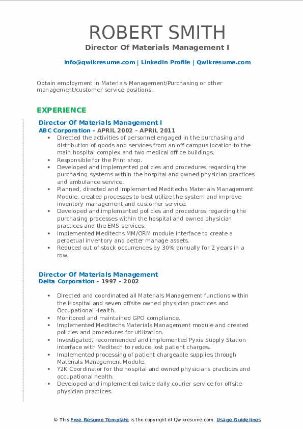 Director Of Materials Management Resume Samples QwikResume