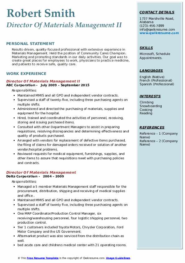Director Of Materials Management Resume Samples QwikResume
