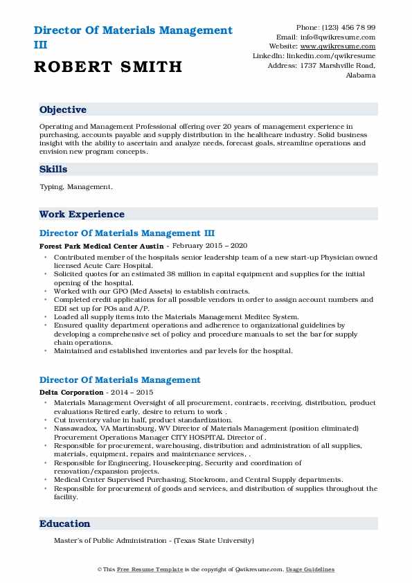 Director Of Materials Management Resume Samples QwikResume