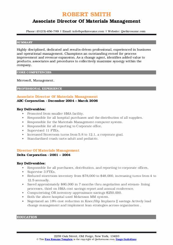 Director Of Materials Management Resume Samples QwikResume
