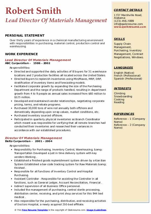 Director Of Materials Management Resume Samples QwikResume