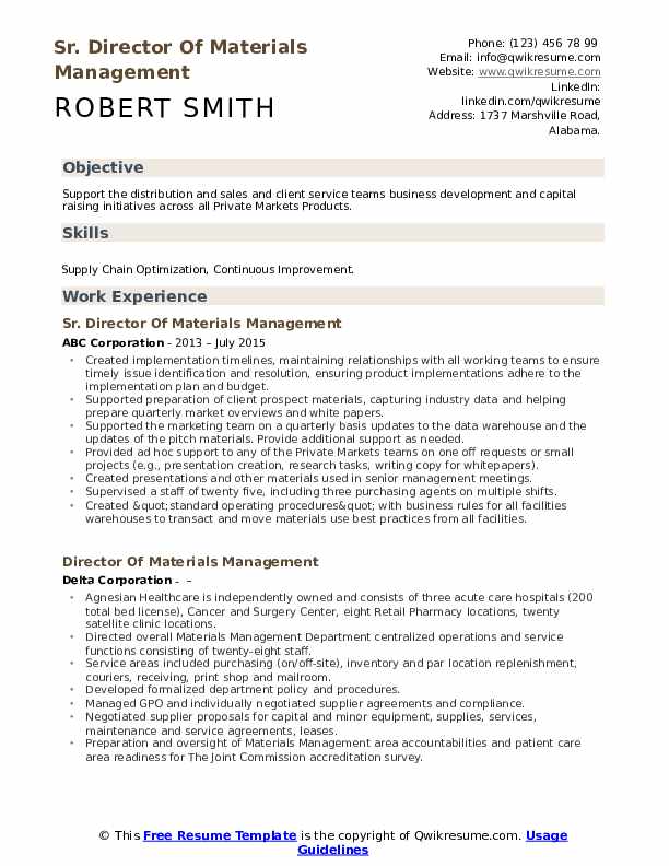 Director Of Materials Management Resume Samples QwikResume