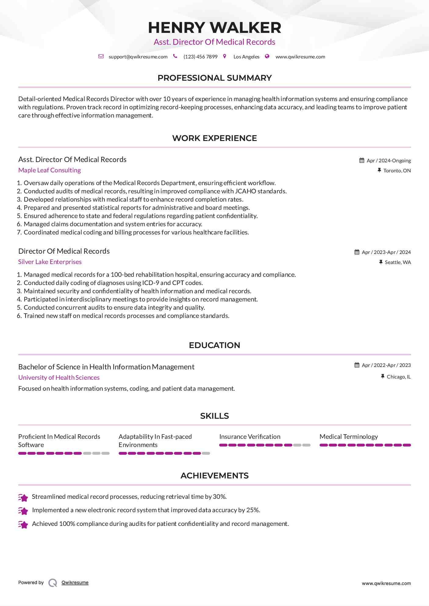 Asst. Director Of Medical Records Resume Example
