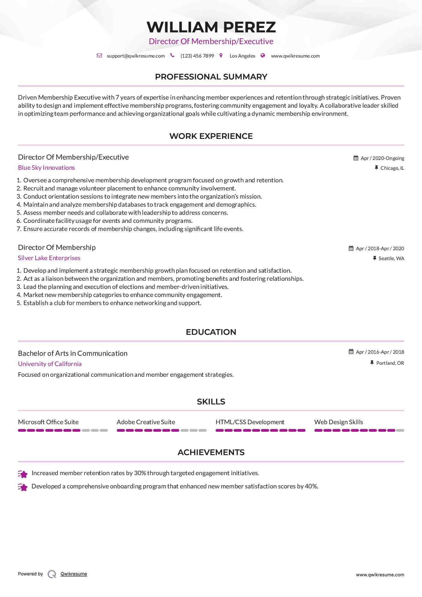 Director Of Membership/Executive Resume Sample