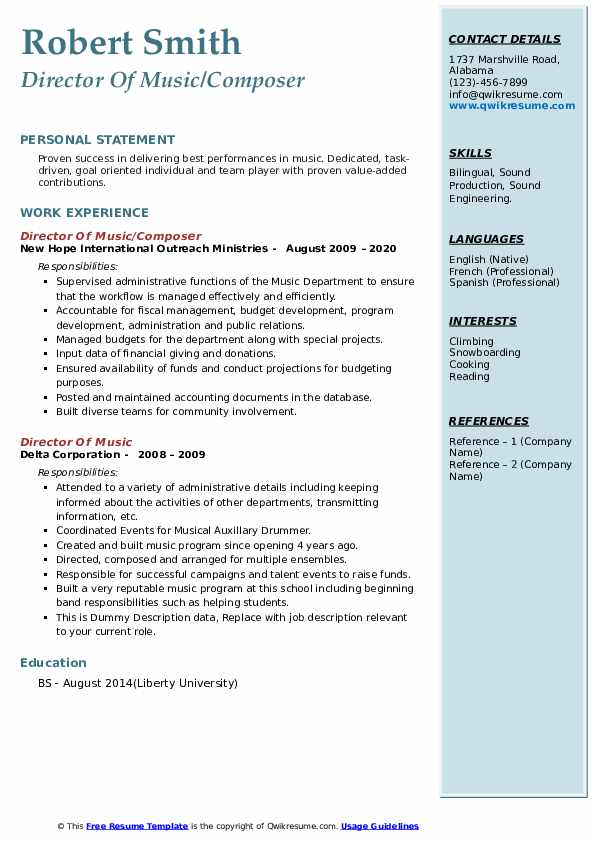 Director Of Music Resume Samples QwikResume