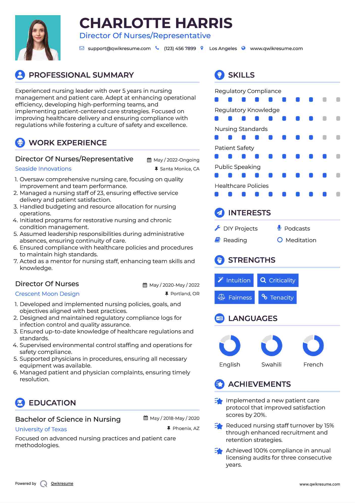 Director Of Nurses/Representative Resume Example