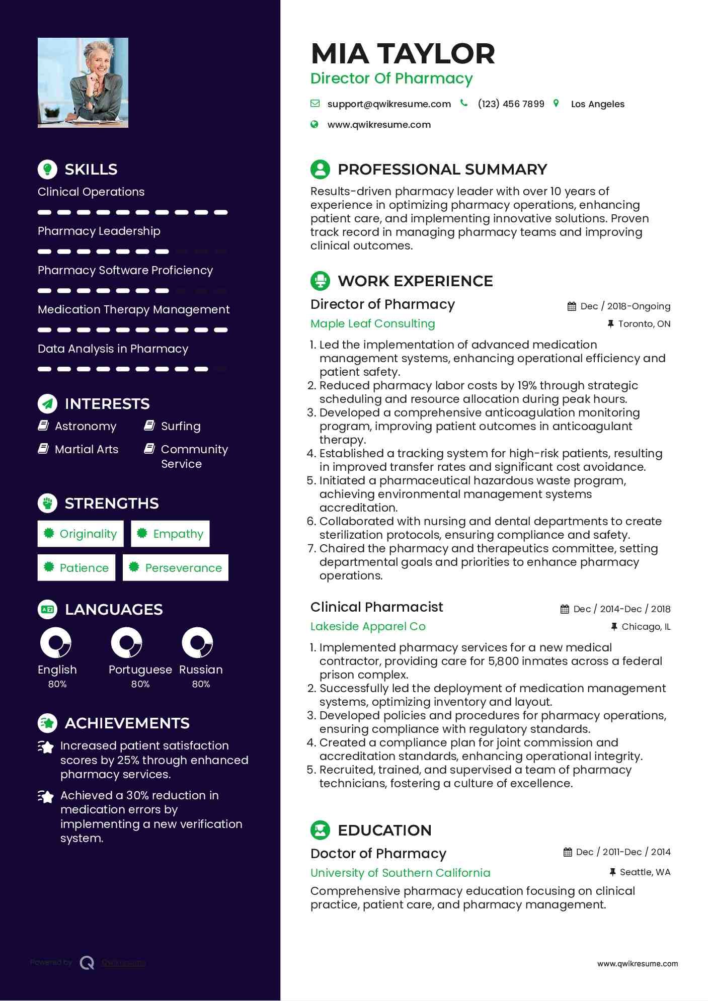 Director of Pharmacy Resume Model