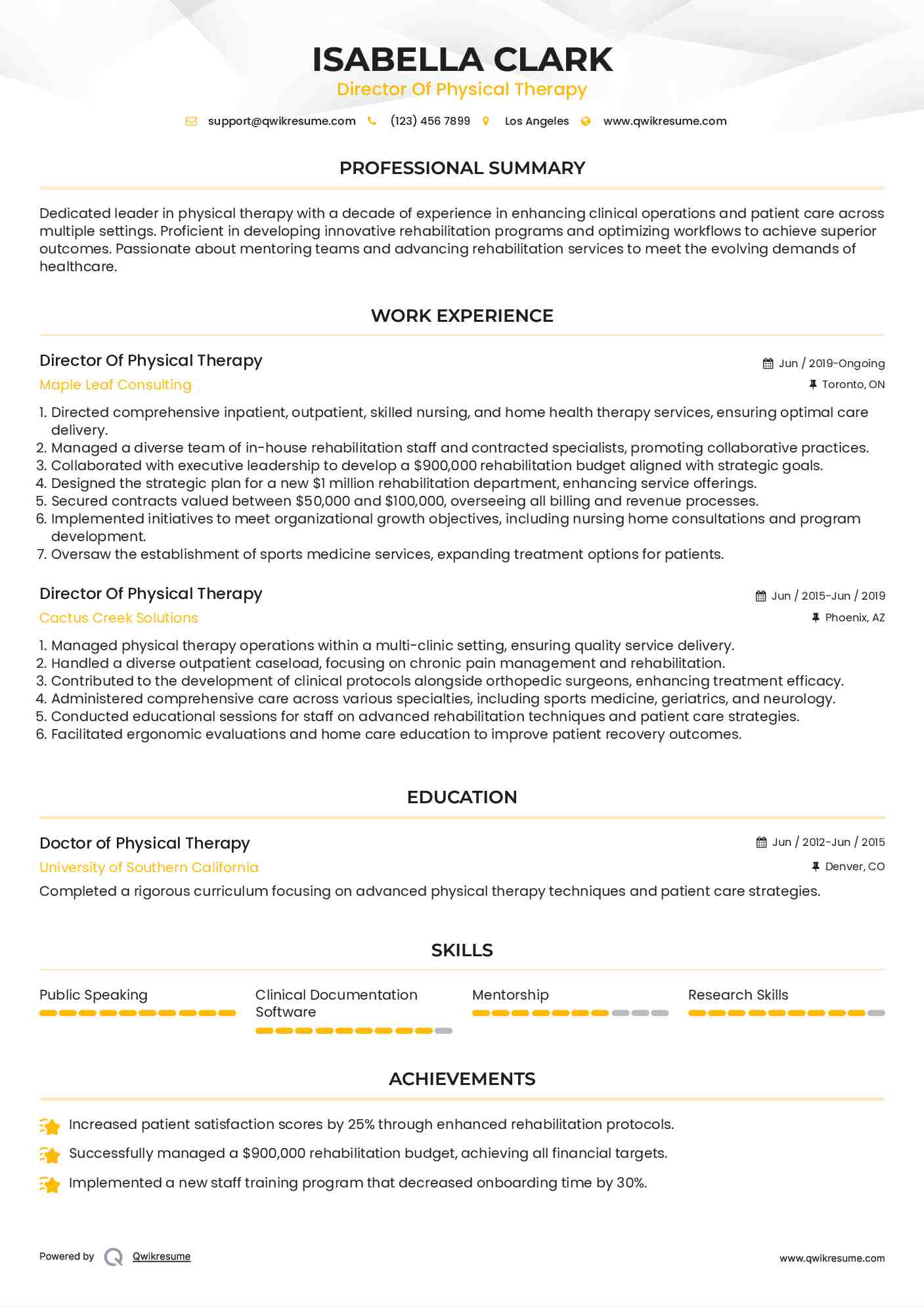 Director Of Physical Therapy Resume Model