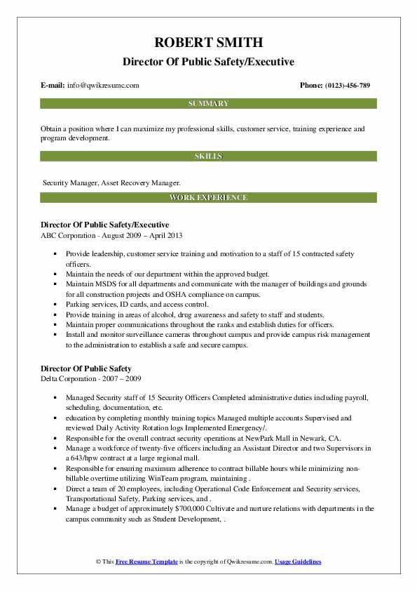 Director Of Public Safety Resume Samples QwikResume