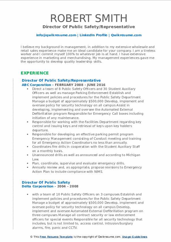 Director Of Public Safety Resume Samples QwikResume
