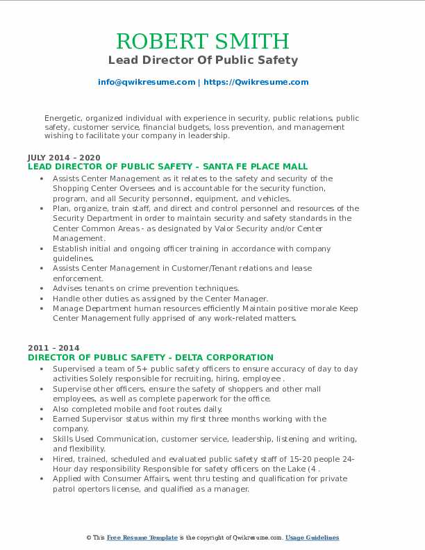 Director Of Public Safety Resume Samples QwikResume