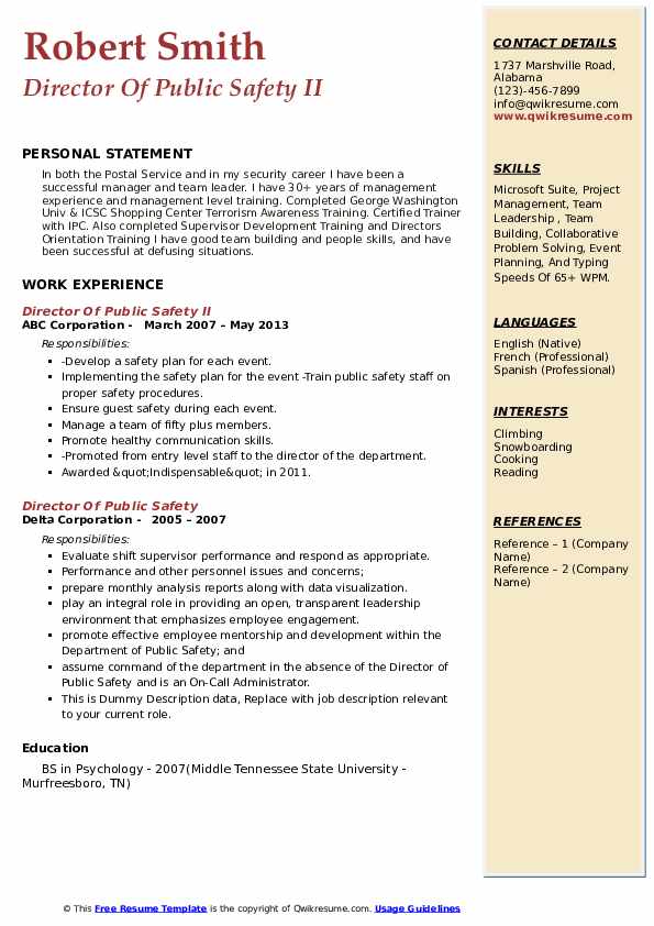Director Of Public Safety Resume Samples QwikResume