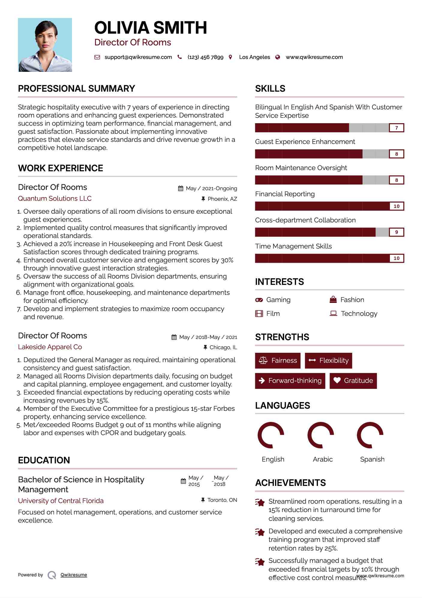 Director Of Rooms Resume Sample