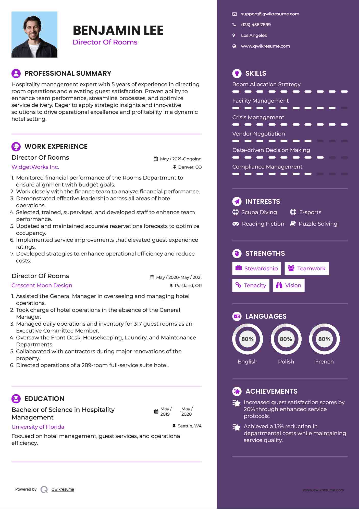 Director Of Rooms Resume Sample