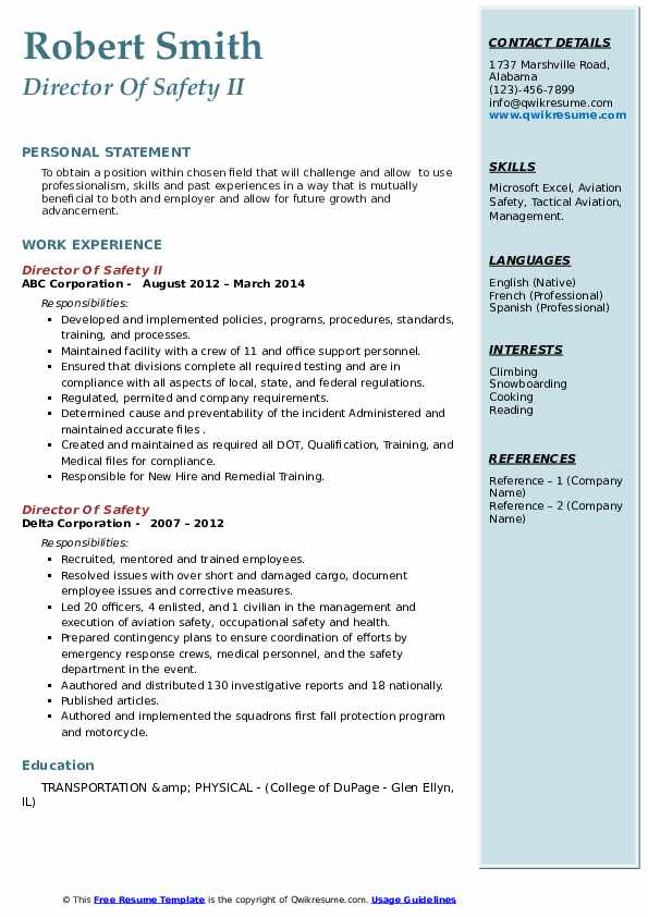 Director Of Safety Resume Samples QwikResume