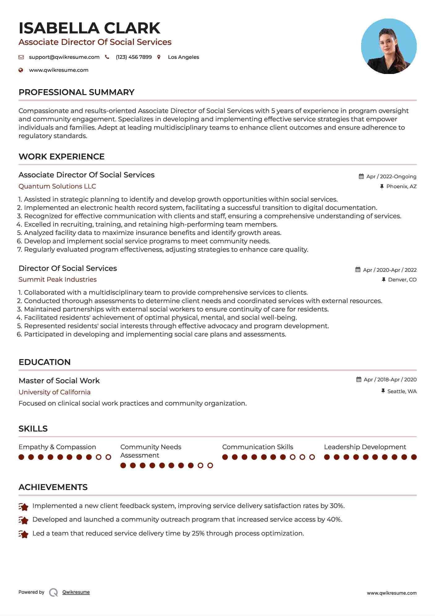 Associate Director Of Social Services Resume Format