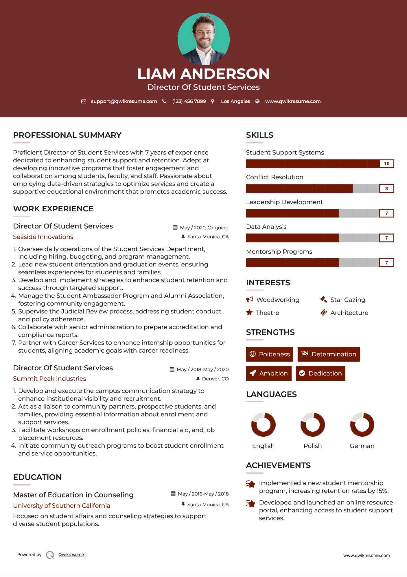 Director Of Student Services Resume Sample