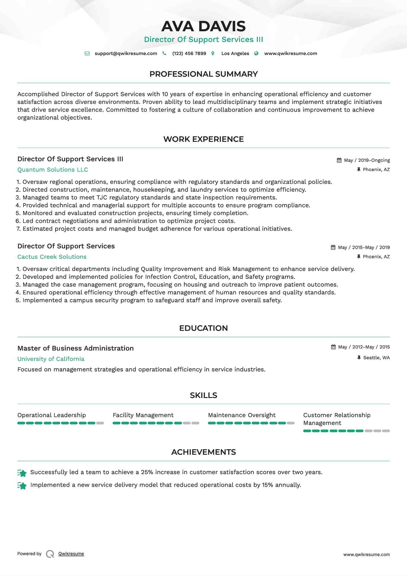 Director Of Support Services III Resume Sample