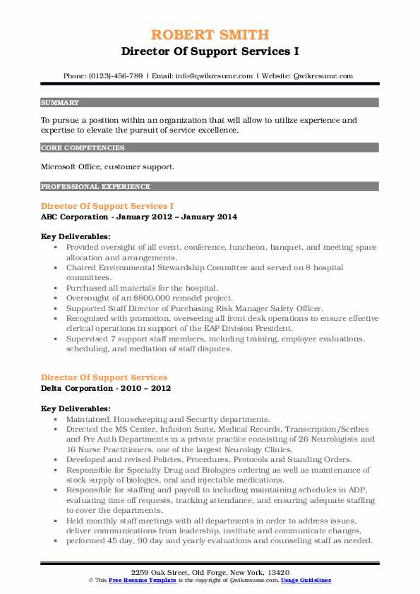 Director Of Support Services Resume Samples | QwikResume