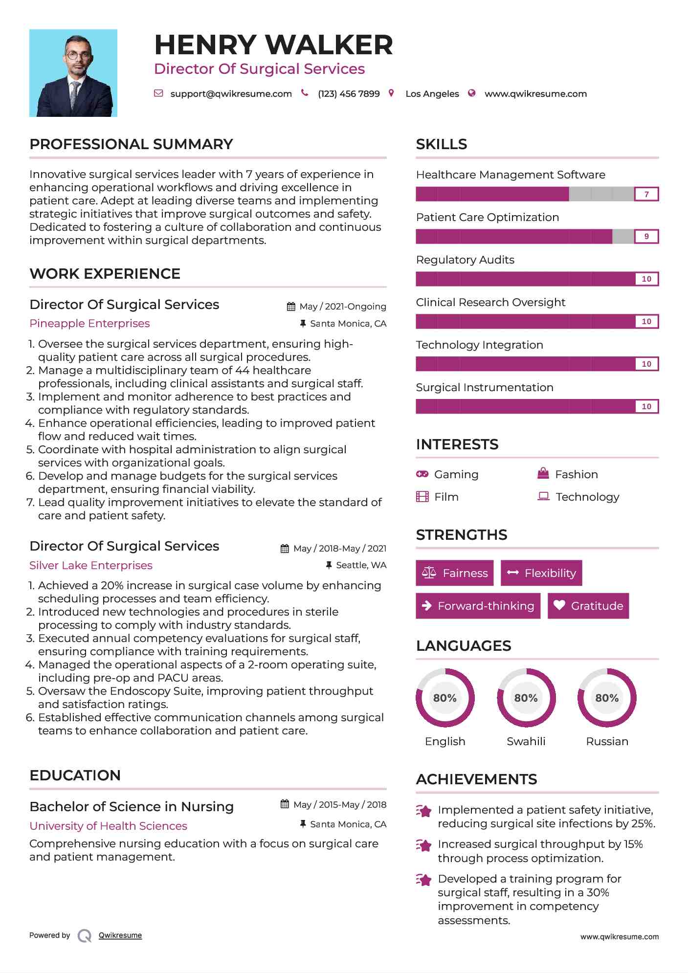 Director Of Surgical Services Resume Template