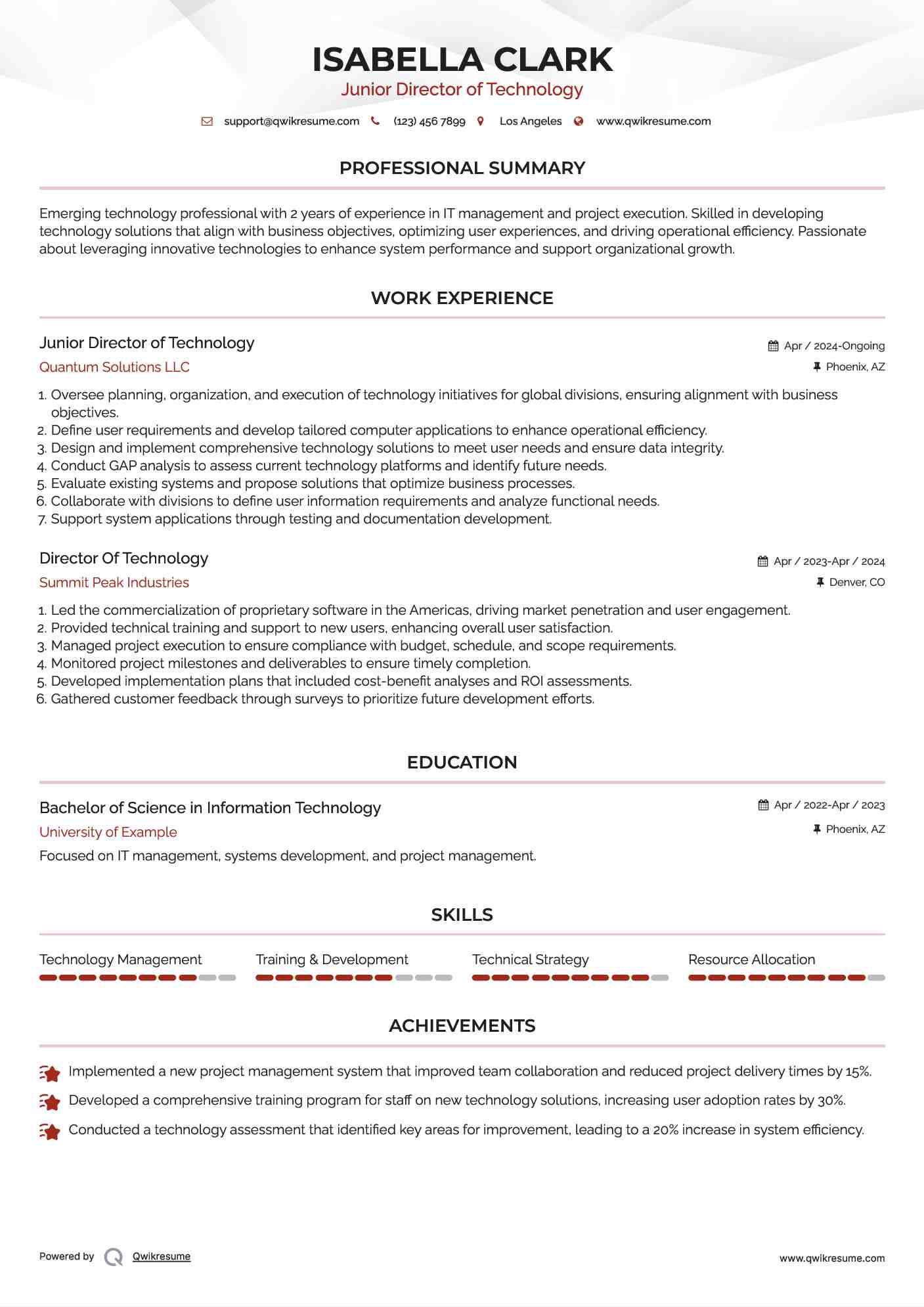 Junior Director of Technology Resume Model