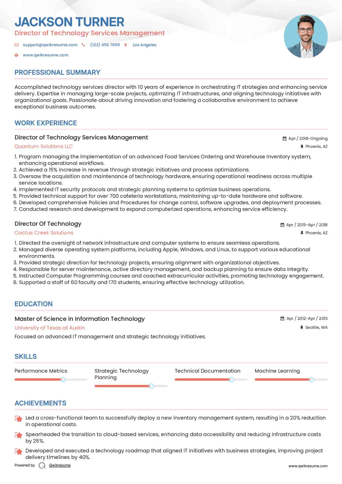 Director of Technology Services Management Resume Format