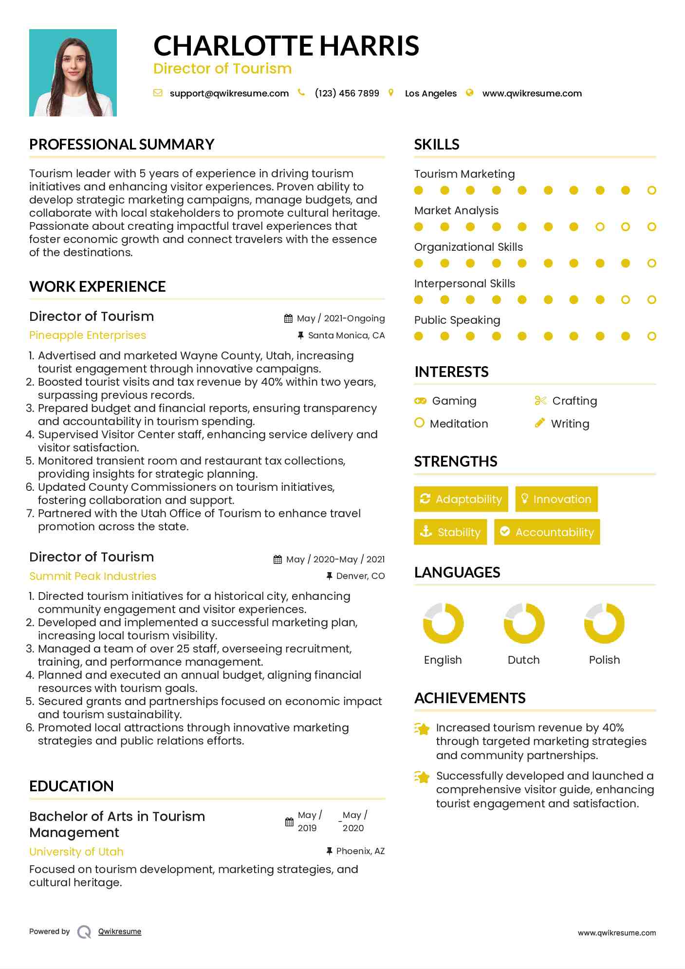 Director of Tourism Resume Example