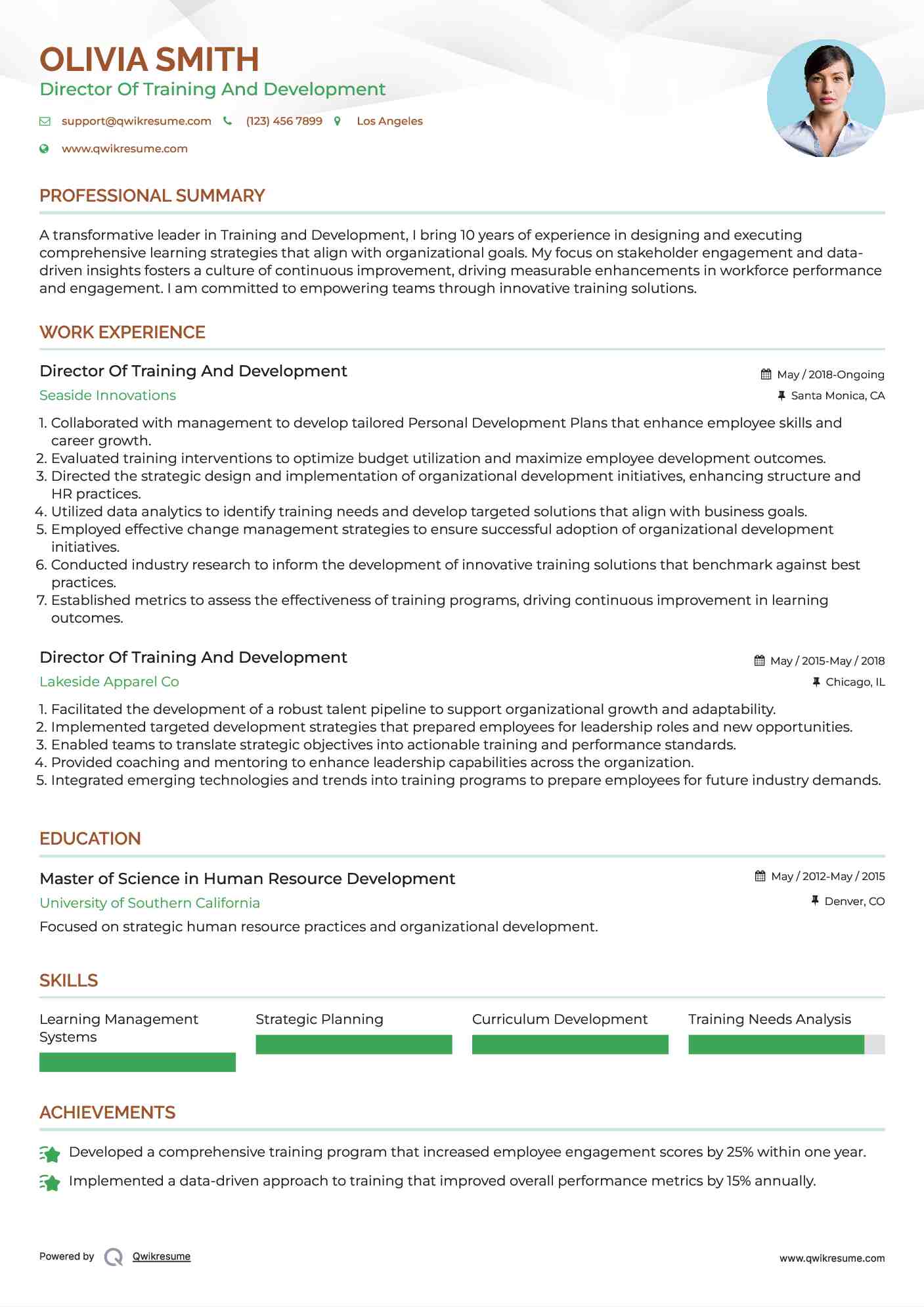 Director Of Training And Development Resume Example