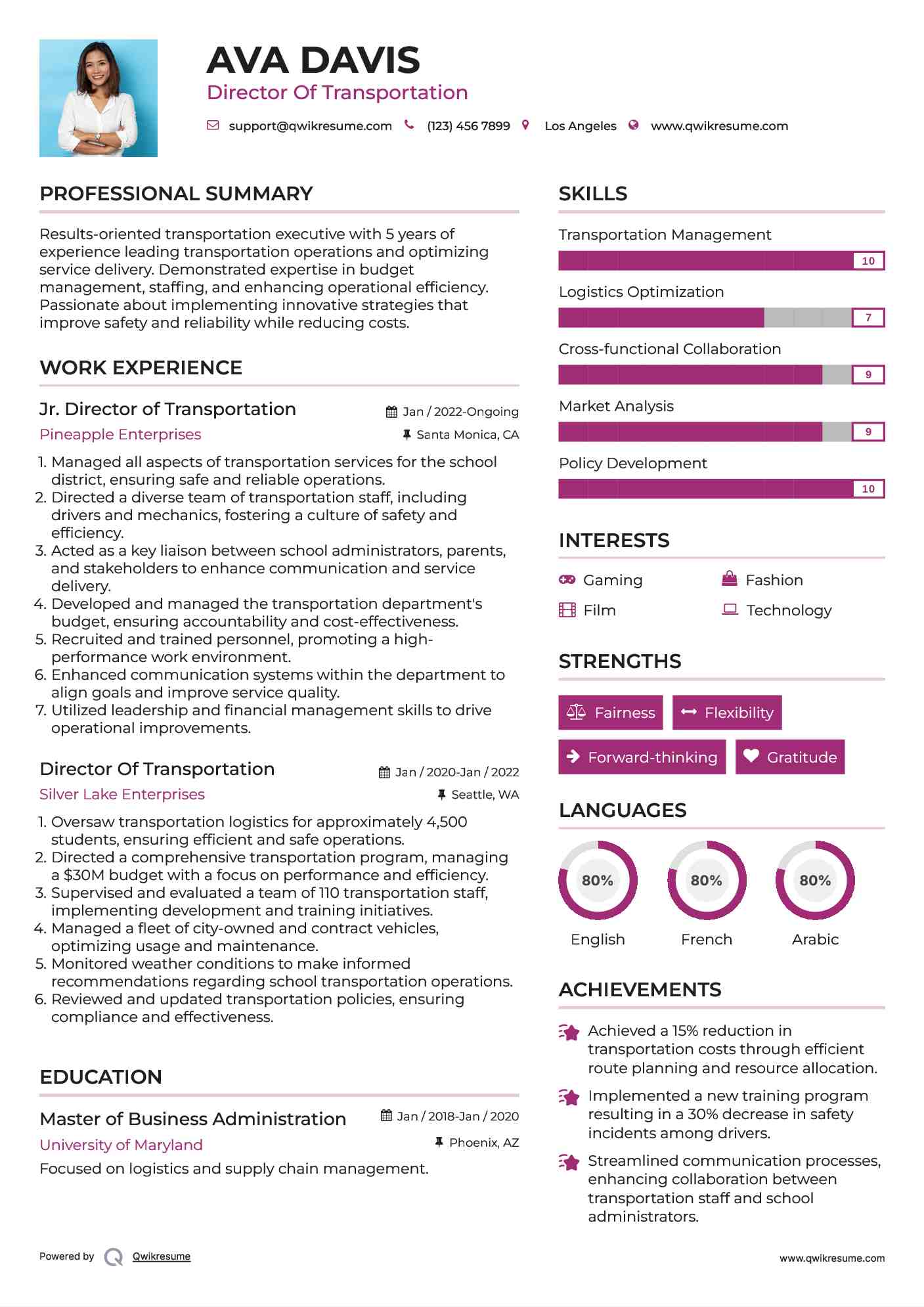 Jr. Director of Transportation Resume Template