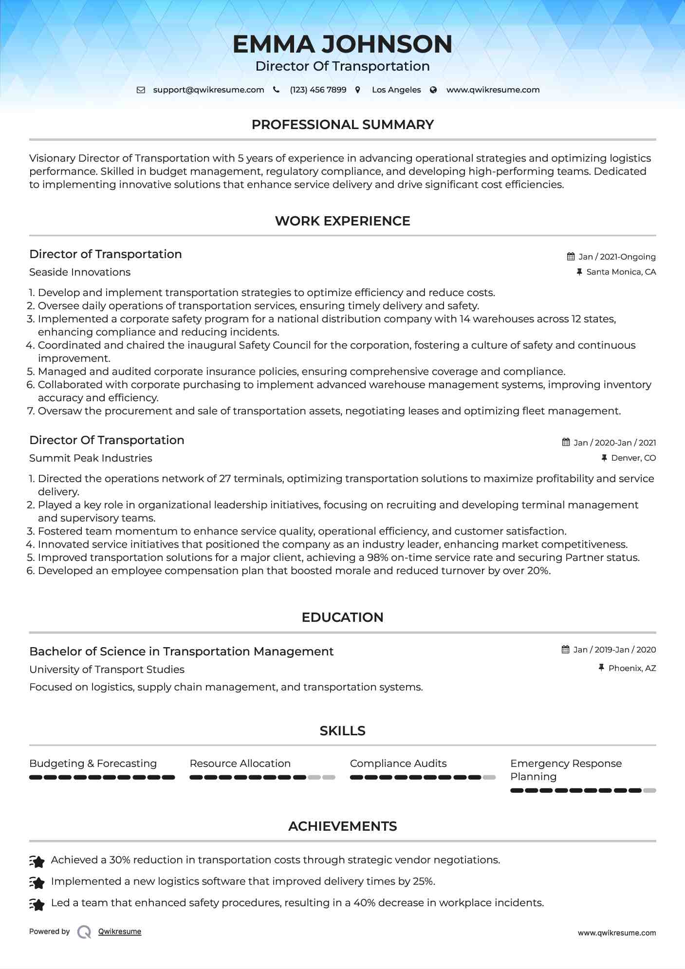 Director of Transportation Resume Format