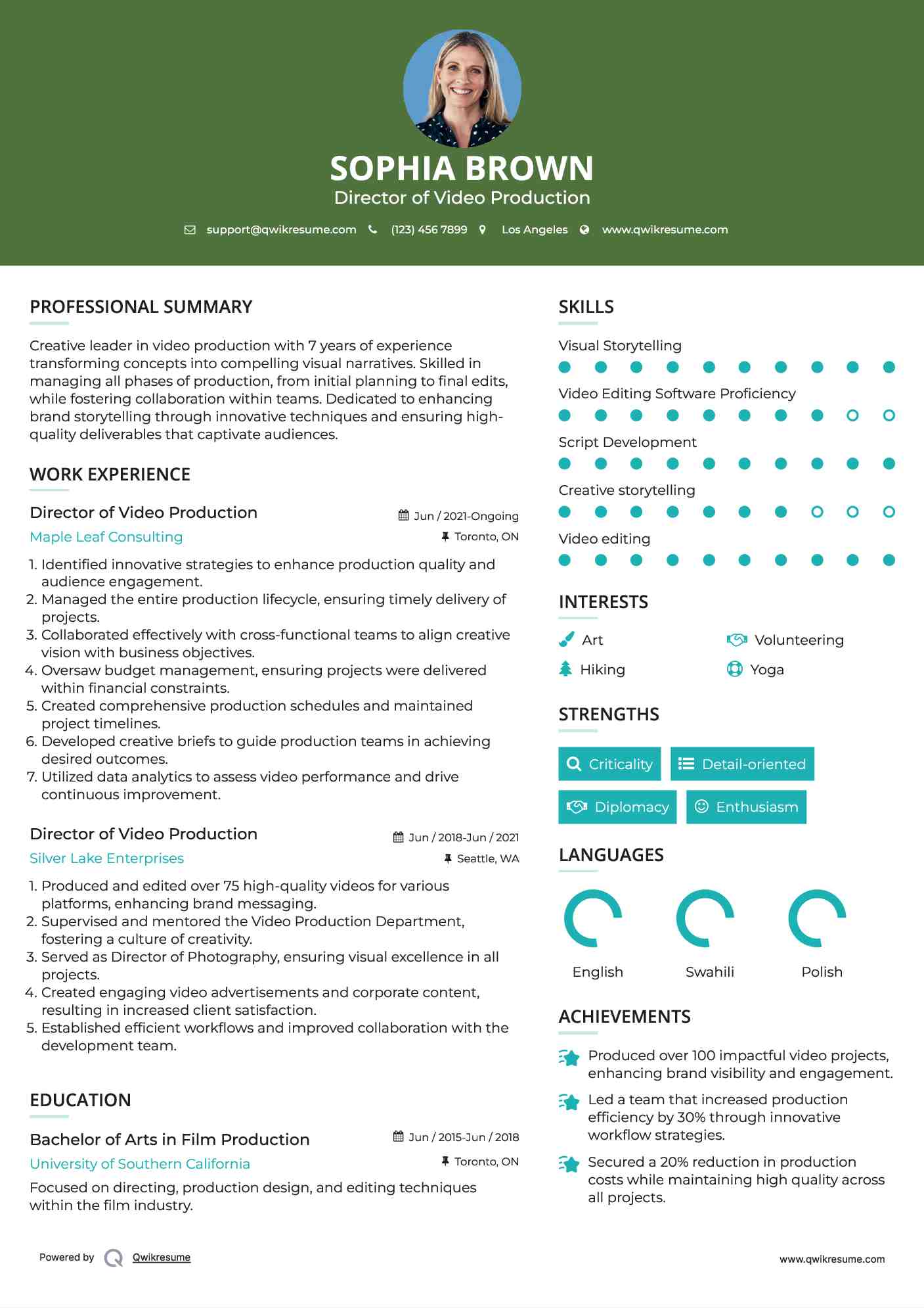 Director of Video Production Resume Example