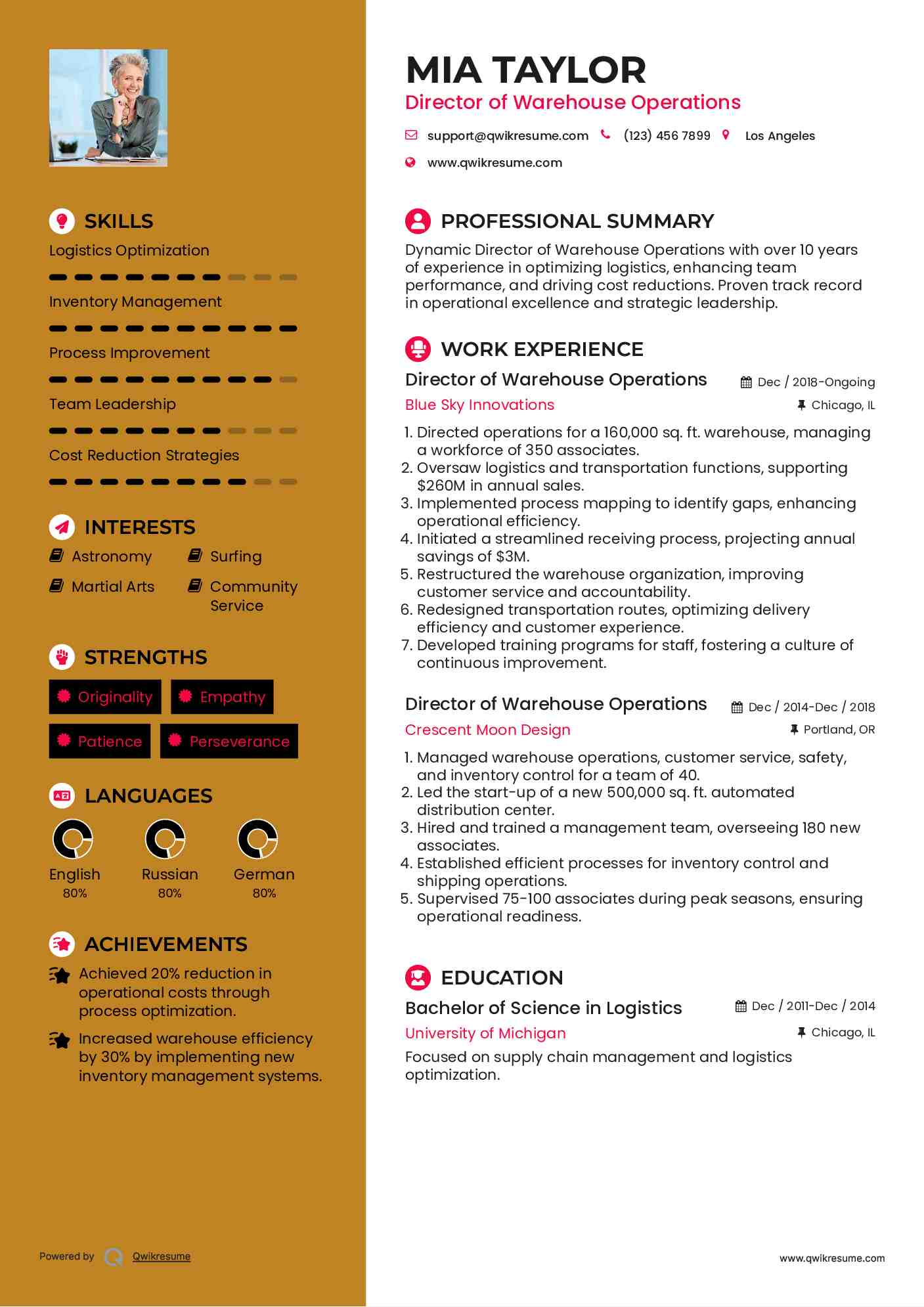 Director of Warehouse Operations Resume Example